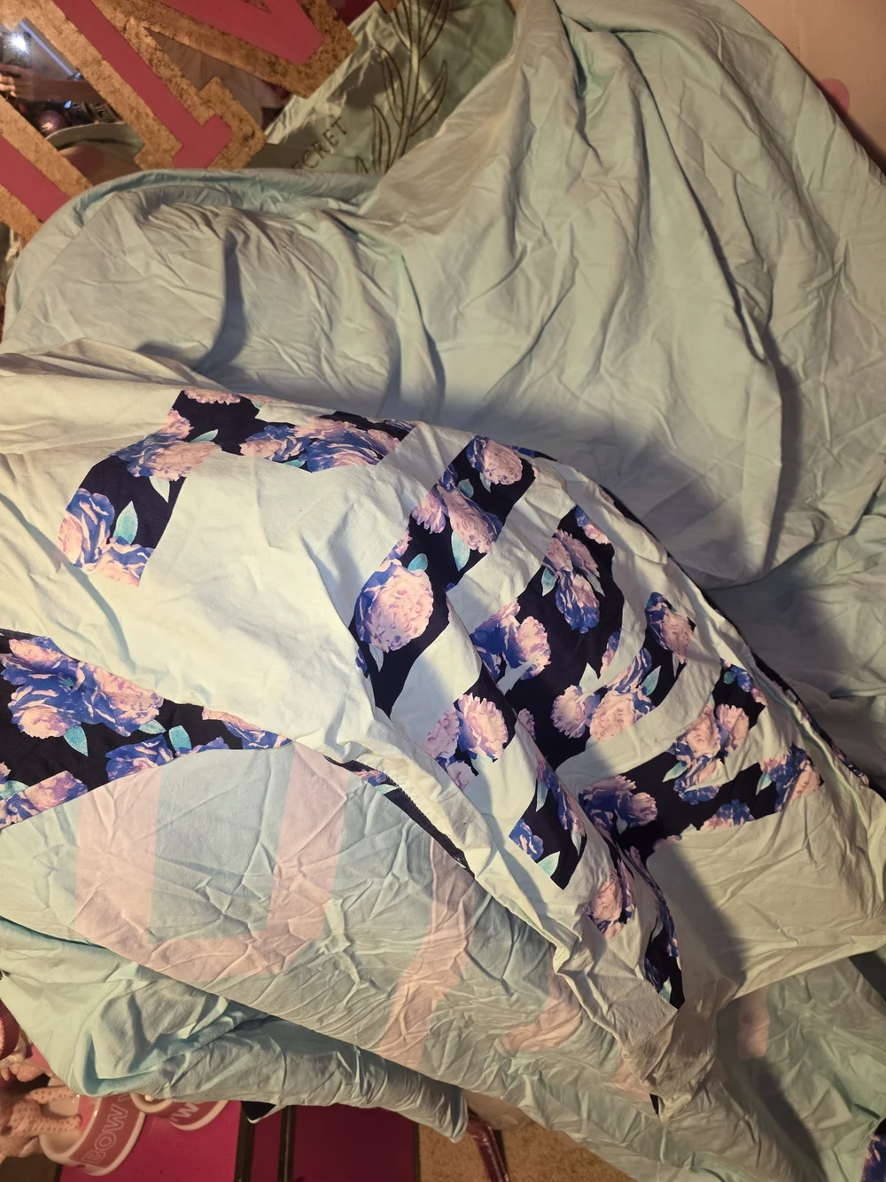 Victoria's Secret Light Blue Floral Duvet Cover with Navy and Pink Accents